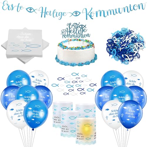 Kommunion Deko, Konfirmation Deko Junge Tischdeko Kommunion, Windlicht Fisch+Servietten+Holz Fische Deko+Luftballons, Erstkommunion Deko für Servietten Taufdeko(Blau) von NVTRSD