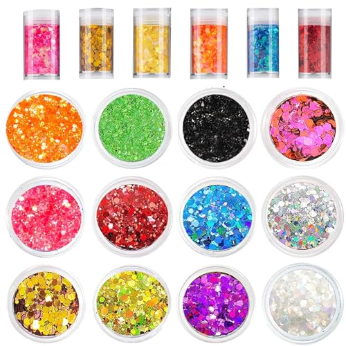 NVTRSD 12 Farben Glitzerpulver Glitzer Basteln, Bastelglitzer Glitzer Pulver, Glitzer Set Nail Glitter Tattoos Körper, Glitzer Gesicht Epoxidharz, Karten, Dekorieren Und Als Glitzer Zum Basteln von NVTRSD