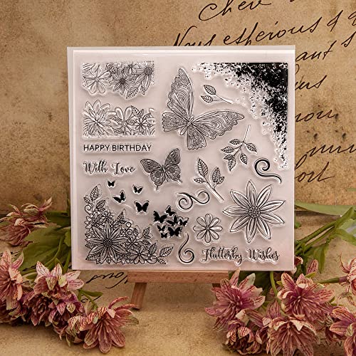 Butterflies Corner Lace Flower Pattern Clear Stamps Silicone Stamp Sentiment, Butterfly Leaves Greetings Transparent Seal Stamps for Holiday Card Making Decoration DIY Scrapbooking Album DIY Crafts von NVZBL