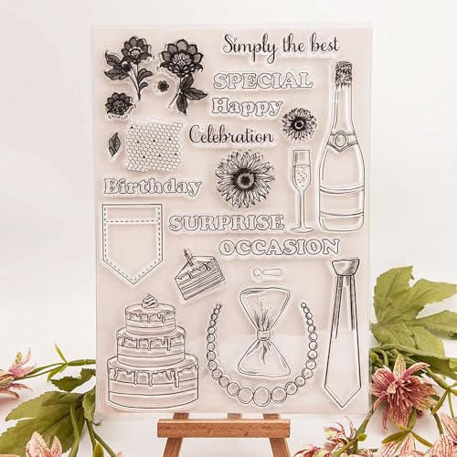 Happy Birthday Kuchen Champagner Muster Clear Stamps Silikon Stempel Sentiment, Blume Gänseblümchen Bowknot Transparente Siegelstempel für Urlaub Kartenherstellung Dekoration DIY Scrapbooking Album von NVZBL