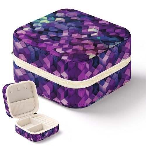 NWTRK Abstrakte farbige Würfel, violette Schmuckschatulle für Damen, tragbar, PU-Leder, Schmuckaufbewahrung, Reise-Mini-Schmuck-Organizer für Ringe, Anhänger, Ohrringe, Halsketten, Armbänder von NWTRK