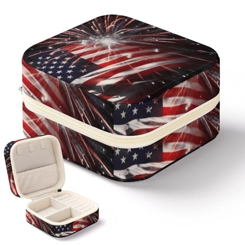 NWTRK Amerikanische Flagge, Feuerwerk, Schmuckschatulle für Damen, tragbar, PU-Leder, Schmuckaufbewahrung, Reise-Mini-Schmuck-Organizer für Ringe, Anhänger, Ohrringe, Halsketten, Armbänder von NWTRK