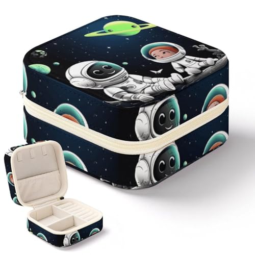 NWTRK Astronauten- und Alien-Schmuckschatulle für Damen, tragbar, PU-Leder, Schmuckaufbewahrung, Reise-Mini-Schmuck-Organizer für Ringe, Anhänger, Ohrringe, Halsketten, Armbänder von NWTRK