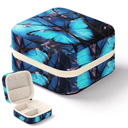 NWTRK Blaue Schmuckschatulle mit Schmetterling und Baum für Damen, tragbar, PU-Leder, Schmuckaufbewahrung, Reise-Mini-Schmuck-Organizer für Ringe, Anhänger, Ohrringe, Halsketten, Armbänder von NWTRK