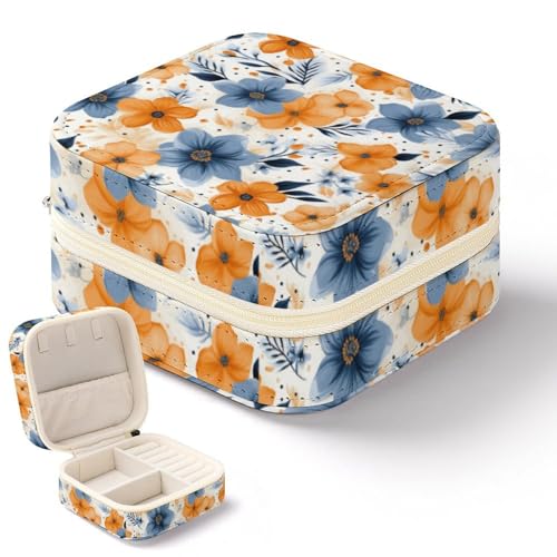 NWTRK Blaue und orangefarbene Blumen auf weißem Hintergrund, Schmuckschatulle für Damen, tragbar, PU-Leder, Schmuckaufbewahrung, Reise-Mini-Schmuck-Organizer für Ringe, Anhänger, Ohrringe, Halsketten, von NWTRK