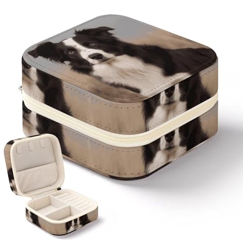 NWTRK Border Collie Schmuckschatulle für Damen, tragbar, PU-Leder, Schmuckaufbewahrung, Reise-Mini-Schmuck-Organizer für Ringe, Anhänger, Ohrringe, Halsketten, Armbänder von NWTRK