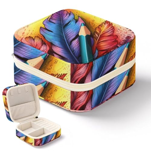 NWTRK Bunte Feder-Schmuckschatulle für Damen, tragbar, PU-Leder, Schmuckaufbewahrung, Reise-Mini-Schmuck-Organizer für Ringe, Anhänger, Ohrringe, Halsketten, Armbänder von NWTRK