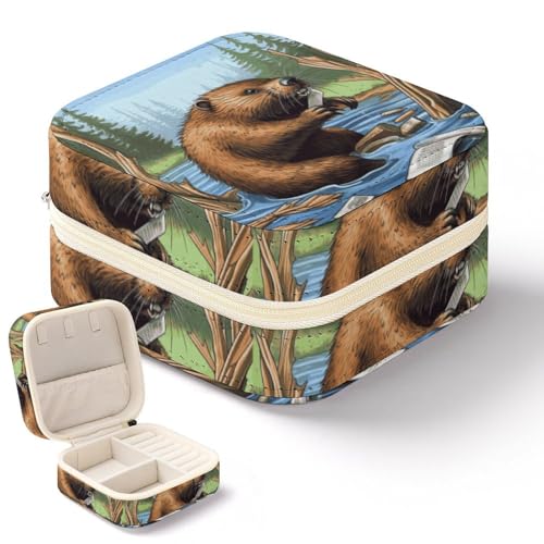 NWTRK Busy Beaver Cartoon Schmuckschatulle für Damen, tragbar, PU-Leder, Schmuckaufbewahrung, Reise-Mini-Schmuck-Organizer für Ringe, Anhänger, Ohrringe, Halsketten, Armbänder von NWTRK