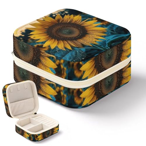 NWTRK Die schönste Sonnenblumen-Schmuckschatulle für Damen, tragbar, PU-Leder, Schmuckaufbewahrung, Reise-Mini-Schmuck-Organizer für Ringe, Anhänger, Ohrringe, Halsketten, Armbänder von NWTRK