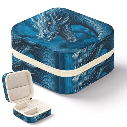 NWTRK Drachen-Schmuckkästchen für Damen, tragbar, PU-Leder, Schmuckaufbewahrung, Reise-Mini-Schmuck-Organizer für Ringe, Anhänger, Ohrringe, Halsketten, Armbänder, Blau von NWTRK