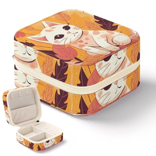 NWTRK Einfache Cartoon-Katzen-Schmuckschatulle für Damen, tragbar, PU-Leder, Schmuckaufbewahrung, Reise-Mini-Schmuck-Organizer für Ringe, Anhänger, Ohrringe, Halsketten, Armbänder von NWTRK