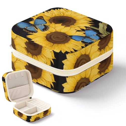 NWTRK Gelbe Sonnenblumen mit blauen Schmetterlingen, Schmuckschatulle für Damen, tragbar, PU-Leder, Schmuckaufbewahrung, Reise-Mini-Schmuck-Organizer für Ringe, Anhänger, Ohrringe, Halsketten, von NWTRK