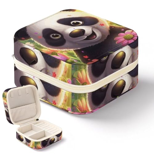 NWTRK Happy Panda Schmuckschatulle für Damen, tragbar, PU-Leder, Schmuckaufbewahrung, Reise-Mini-Schmuck-Organizer für Ringe, Anhänger, Ohrringe, Halsketten, Armbänder von NWTRK