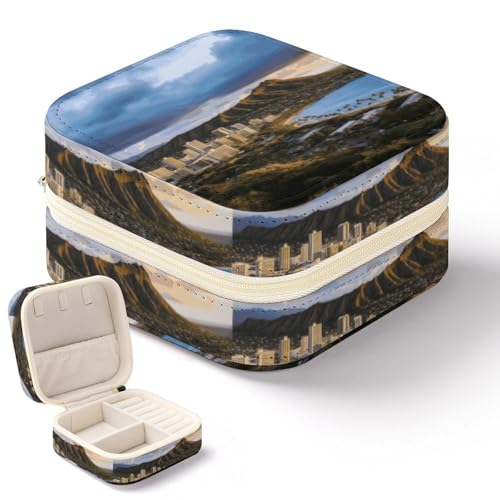 NWTRK Hawaii Skyline Diamantkopf Vulkan Schmuckschatulle für Damen, tragbar, PU-Leder, Schmuckaufbewahrung, Reise-Mini-Schmuck-Organizer für Ringe, Anhänger, Ohrringe, Halsketten, Armbänder von NWTRK