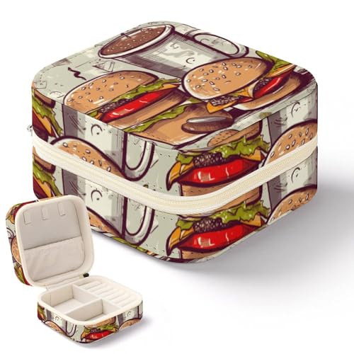 NWTRK Lustige Schmuckschatulle für Damen, Hamburger und Tassen, tragbar, PU-Leder, Schmuckaufbewahrung, Reise-Mini-Schmuck-Organizer für Ringe, Anhänger, Ohrringe, Halsketten, Armbänder von NWTRK