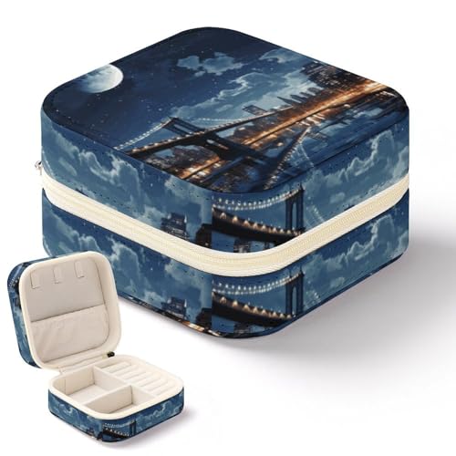 NWTRK Moon Light New York City Schmuckschatulle für Damen, tragbar, PU-Leder, Schmuckaufbewahrung, Reise-Mini-Schmuck-Organizer für Ringe, Anhänger, Ohrringe, Halsketten, Armbänder von NWTRK