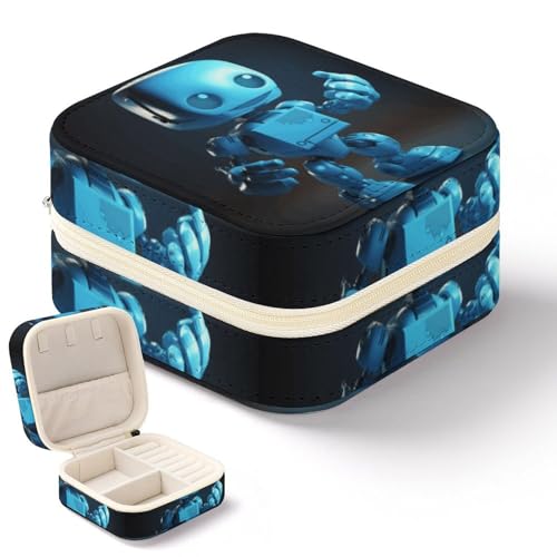 NWTRK Niedliche blaue Roboter-Schmuckschatulle für Damen, tragbar, PU-Leder, Schmuckaufbewahrung, Reise-Mini-Schmuck-Organizer für Ringe, Anhänger, Ohrringe, Halsketten, Armbänder von NWTRK