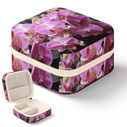 NWTRK Orchideen-Schmuckschatulle für Damen, tragbar, PU-Leder, Schmuckaufbewahrung, Reise-Mini-Schmuck-Organizer für Ringe, Anhänger, Ohrringe, Halsketten, Armbänder von NWTRK