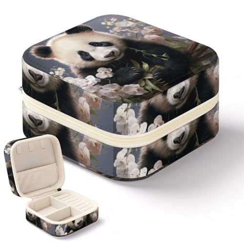 NWTRK Panda-Schmuckkästchen mit Blume, tragbar, PU-Leder, Schmuckaufbewahrung, Reise-Mini-Schmuck-Organizer für Ringe, Anhänger, Ohrringe, Halsketten, Armbänder von NWTRK