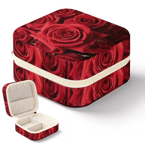 NWTRK Red Rose4 Schmuckschatulle für Damen, tragbar, PU-Leder, Schmuckaufbewahrung, Reise-Mini-Schmuck-Organizer für Ringe, Anhänger, Ohrringe, Halsketten, Armbänder von NWTRK