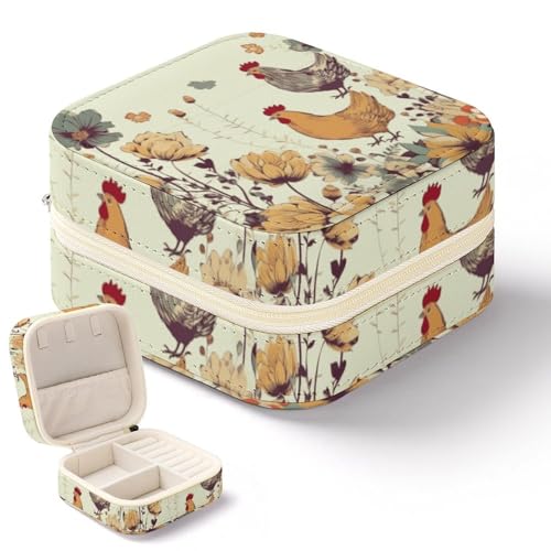 NWTRK Schmuckkästchen für Damen, Motiv: Henne fliegende Schmetterlinge unter Blumen, tragbar, PU-Leder, Schmuckaufbewahrung, Reise-Mini-Schmuck-Organizer für Ringe, Anhänger, Ohrringe, Halsketten, von NWTRK