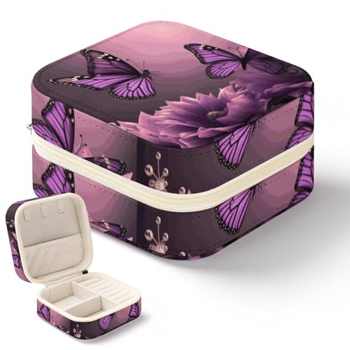 NWTRK Schmuckkästchen mit 3D-Blumen und lila Schmetterlingen für Damen, tragbar, PU-Leder, Schmuckaufbewahrung, Reise-Mini-Schmuck-Organizer für Ringe, Anhänger, Ohrringe, Halsketten, Armbänder von NWTRK