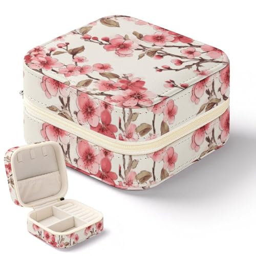 NWTRK Schmuckkästchen mit Kirschblüten für Damen, tragbar, PU-Leder, Schmuckaufbewahrung, Reise-Mini-Schmuck-Organizer für Ringe, Anhänger, Ohrringe, Halsketten, Armbänder von NWTRK