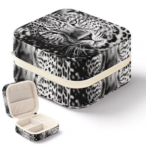 NWTRK Schmuckkästchen mit Leopardengesicht für Damen, tragbar, PU-Leder, Schmuckaufbewahrung, Reise-Mini-Schmuck-Organizer für Ringe, Anhänger, Ohrringe, Halsketten, Armbänder, Schwarz und Weiß von NWTRK