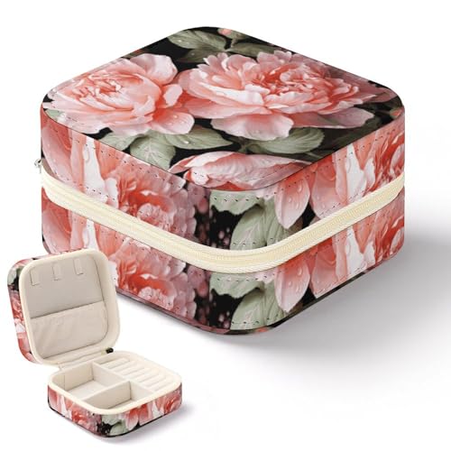 NWTRK Schmuckkästchen mit Pfingstrosen, Blumen, Rose, für Damen, tragbar, PU-Leder, Schmuckaufbewahrung, Reise-Mini-Schmuck-Organizer für Ringe, Anhänger, Ohrringe, Halsketten, Armbänder von NWTRK