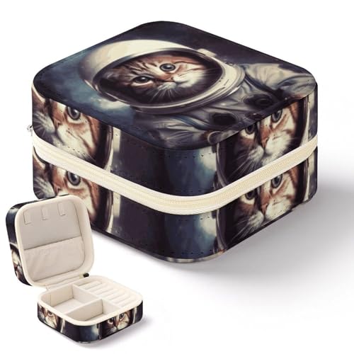 NWTRK Schmuckkästchen mit Tier-, Katzen- und Astronautenmotiv für Damen, tragbar, PU-Leder, Schmuckaufbewahrung, Reise-Mini-Schmuck-Organizer für Ringe, Anhänger, Ohrringe, Halsketten, Armbänder von NWTRK