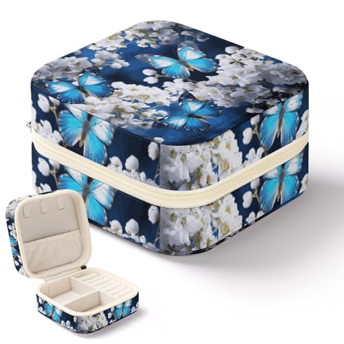 NWTRK Schmuckkästchen mit blauen Schmetterlingen und weißen Blumen für Damen, tragbar, PU-Leder, Schmuckaufbewahrung, Reise-Mini-Schmuck-Organizer für Ringe, Anhänger, Ohrringe, Halsketten, Armbänder von NWTRK