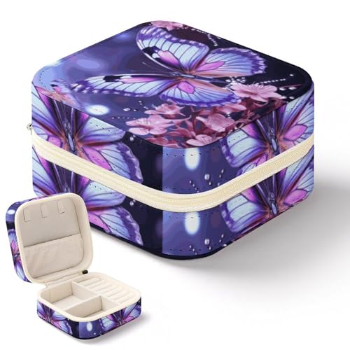 NWTRK Schmuckkästchen mit violettem Schmetterling für Damen, tragbar, PU-Leder, Schmuckaufbewahrung, Reise-Mini-Schmuck-Organizer für Ringe, Anhänger, Ohrringe, Halsketten, Armbänder von NWTRK