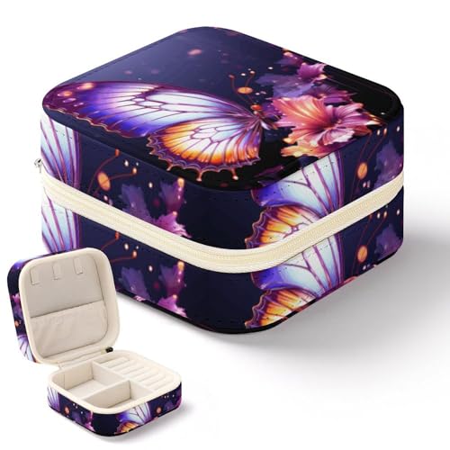 NWTRK Schmuckkästchen mit violettem Schmetterling für Damen, tragbar, PU-Leder, Schmuckaufbewahrung, Reise-Mini-Schmuck-Organizer für Ringe, Anhänger, Ohrringe, Halsketten, Armbänder von NWTRK