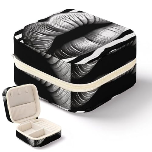 NWTRK Schmuckschatulle für Damen, Motiv: Lippen, bedruckt mit schwarz-weißen Streifen, tragbar, PU-Leder, Schmuckaufbewahrung, Reise-Mini-Schmuck-Organizer für Ringe, Anhänger, Ohrringe, Halsketten, von NWTRK