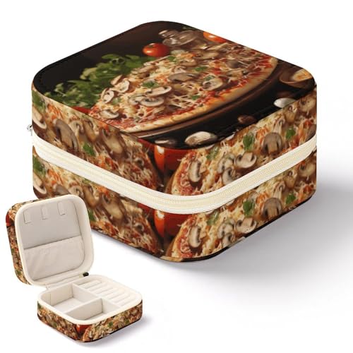 NWTRK Schmuckschatulle für Damen, Motiv: Pizza mit Pilzen und Tomaten auf der Oberseite, tragbar, PU-Leder, Schmuckaufbewahrung, Reise-Mini-Schmuck-Organizer für Ringe, Anhänger, Ohrringe, Halsketten, von NWTRK