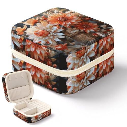 NWTRK Schmuckschatulle mit orangefarbenen Blumen für Damen, tragbar, PU-Leder, Schmuckaufbewahrung, Reise-Mini-Schmuck-Organizer für Ringe, Anhänger, Ohrringe, Halsketten, Armbänder von NWTRK