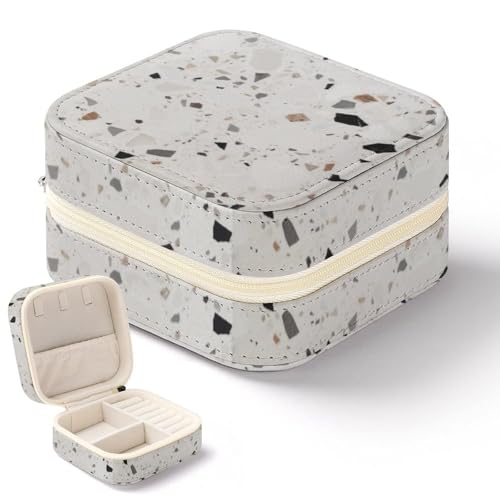 NWTRK Weiße Terrazzo-Schmuckschatulle für Damen, tragbar, PU-Leder, Schmuckaufbewahrung, Reise-Mini-Schmuck-Organizer für Ringe, Anhänger, Ohrringe, Halsketten, Armbänder von NWTRK