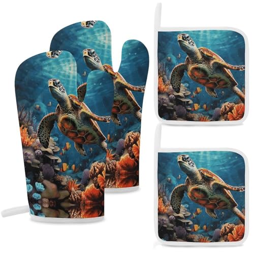 Sea Turtles Diamond Painting Ofenhandschuhe und Topflappen, Set mit 4 hitzebeständigen rutschfesten Ofenhandschuhen und heißen Pads, waschbare Kochhandschuhe für Küche, Kochen, Backen, Grillen von NWTRK