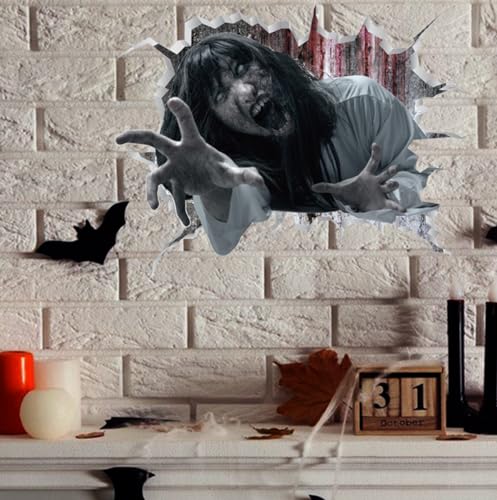 3d Gebrochene Wand Teufel Frau Halloween Aufkleber Gebrochenes Fenster Wohnzimmer Schlafzimmer Selbstklebende Wand Aufkleber 38,46cm von NYCK