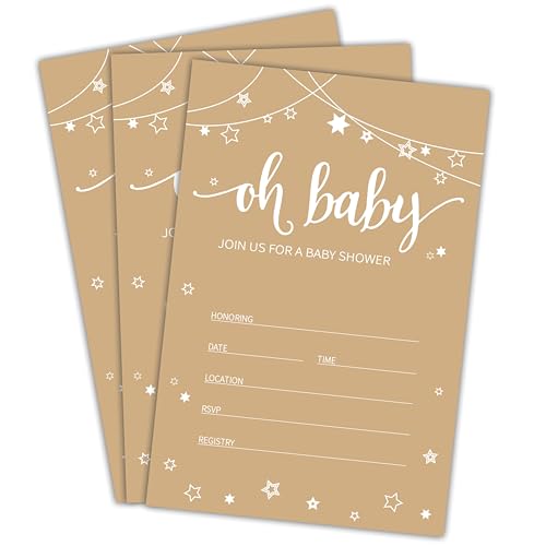 NYCTUG Braune Minimalismus-Baby-Party-Einladungen – 25 Oh Baby-Einladungen mit Umschlägen für Geschlechtsoffenbarung, Baby-Ankündigung, Partygeschenk und Zubehör – B05 von NYCTUG