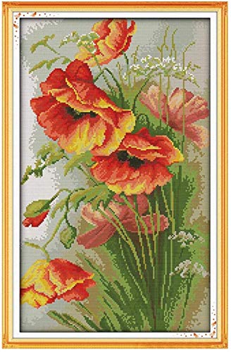 Kreuzstich Stickpackungen Vorgedruckt Set Erwachsene, Mohnblumen-Wandhalterung,40×50cm,Stickvorlagen Stickbilder Kreuzstich Stickpackung Sticken Starter Set für Erwachsene Kinder AnfäNger von NYIXIA