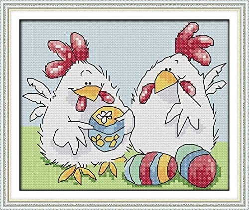 Kreuzstich Stickpackungen Vorgedruckt Set Erwachsene, Tierisches weißes Huhn auf dem Gras,40×50cm,Stickvorlagen Stickbilder Kreuzstich Stickpackung Sticken Starter Set für Erwachsene Kinder AnfäNger von NYIXIA