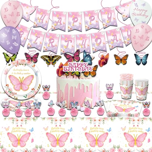 NYSLDSCO101 Pcs Schmetterling Geburtstag Deko Set, Schmetterlinge Partygeschirr，Schmetterlings Pappteller pappbecher, Kinder Mädchen Decorations Servietten und Tischdecke für 10 Gäste（01-HUDIE A1） von NYSLDSCO