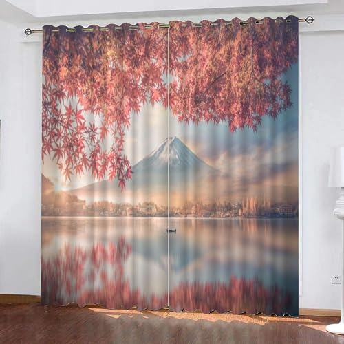 NYSMGS Vorhang Blickdicht Japan Sakura 3D Verdunklungsvorhänge mit Ösen Gardinen Japanische Landschaft Polyester Schlafzimmer Vorhang Wetterfest für Wohnzimmer Kinderzimmer 2er Set 2x117x183 cm von NYSMGS