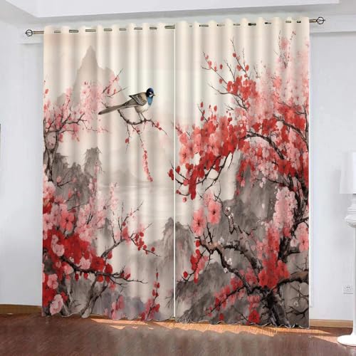 NYSMGS Vorhang Blickdicht Kirschblüten Vögel 3D Verdunklungsvorhänge mit Ösen Gardinen Landschaft Rot Microfaser Schlafzimmer Vorhang Wetterfest für Wohnzimmer Kinderzimmer 2er Set 2 x 91x214 cm von NYSMGS