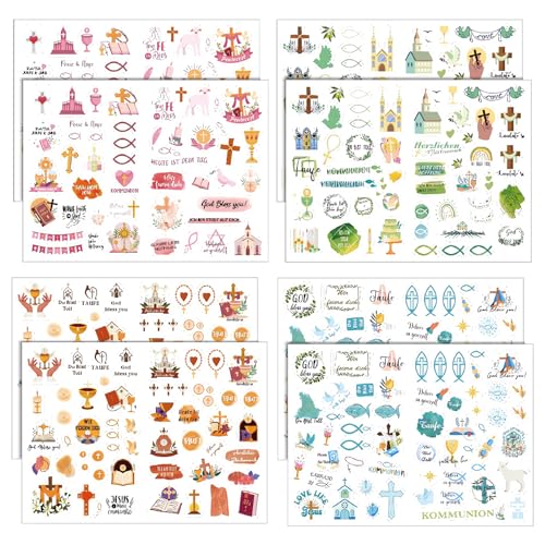 16 Bögen Taufe Kommunion Kinder Sticker, Konfirmation Deko Aufkleber, Taube Kreuz Fisch für Basteln Taufe, Kommunion Stickerbögen Mädchen Junge für Scrapbooking, Basteln von NYZQIW