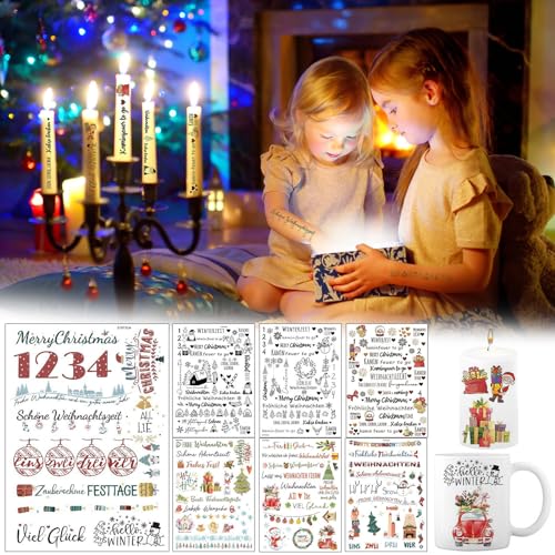 NZDFH 7 Stück Kerzentattoos Weihnachten, Rub on Sticker, Kerzendekoration Ultraleichter Wasseraufkleber Sticker Personalisiert Weihnachten Deko Personalisierte Geschenke Tischdeko Weihnachten von NZDFH