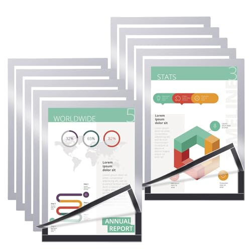NZZVNZ 10 Stück Magnetrahmen A4 Info-Rahmen Selbstklebend Infotasche Informationsrahmen Plakatrahmen Blatthalter Magnetische Bilderrahmen Silber Rand mit Magnetverschluss von NZZVNZ