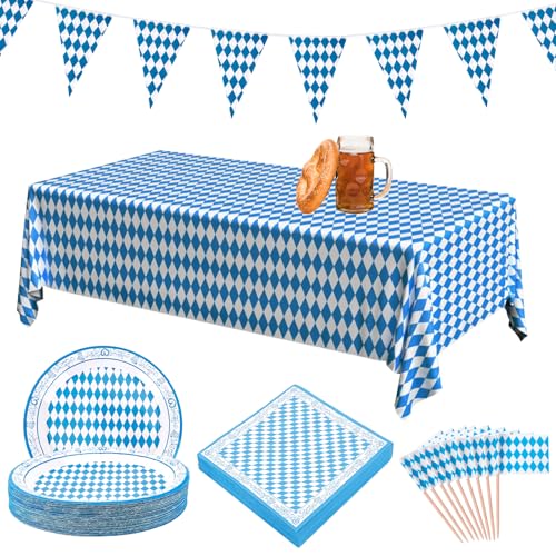 NZZVNZ 83 Stück Oktoberfest Deko Set, 40 Bayernraute Teller mit 40 Bayrische Servietten, Bayern Wimpelkette, Tischläufer und Oktoberfest Zahnstocher Flaggen Oktoberfestdeko für Bier Festival München von NZZVNZ