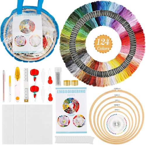 NZZVNZ Stickerei Set Stickset für Anfänger Embroidery Kit 124 Farbfäden 3 Aida-Tücher 5 PCS Stickrahmen Kreuzstich Werkzeug Set mit Anleitung zum Nähen Sticken Set Erwachsene Kinder Leicht zu Lagern von NZZVNZ